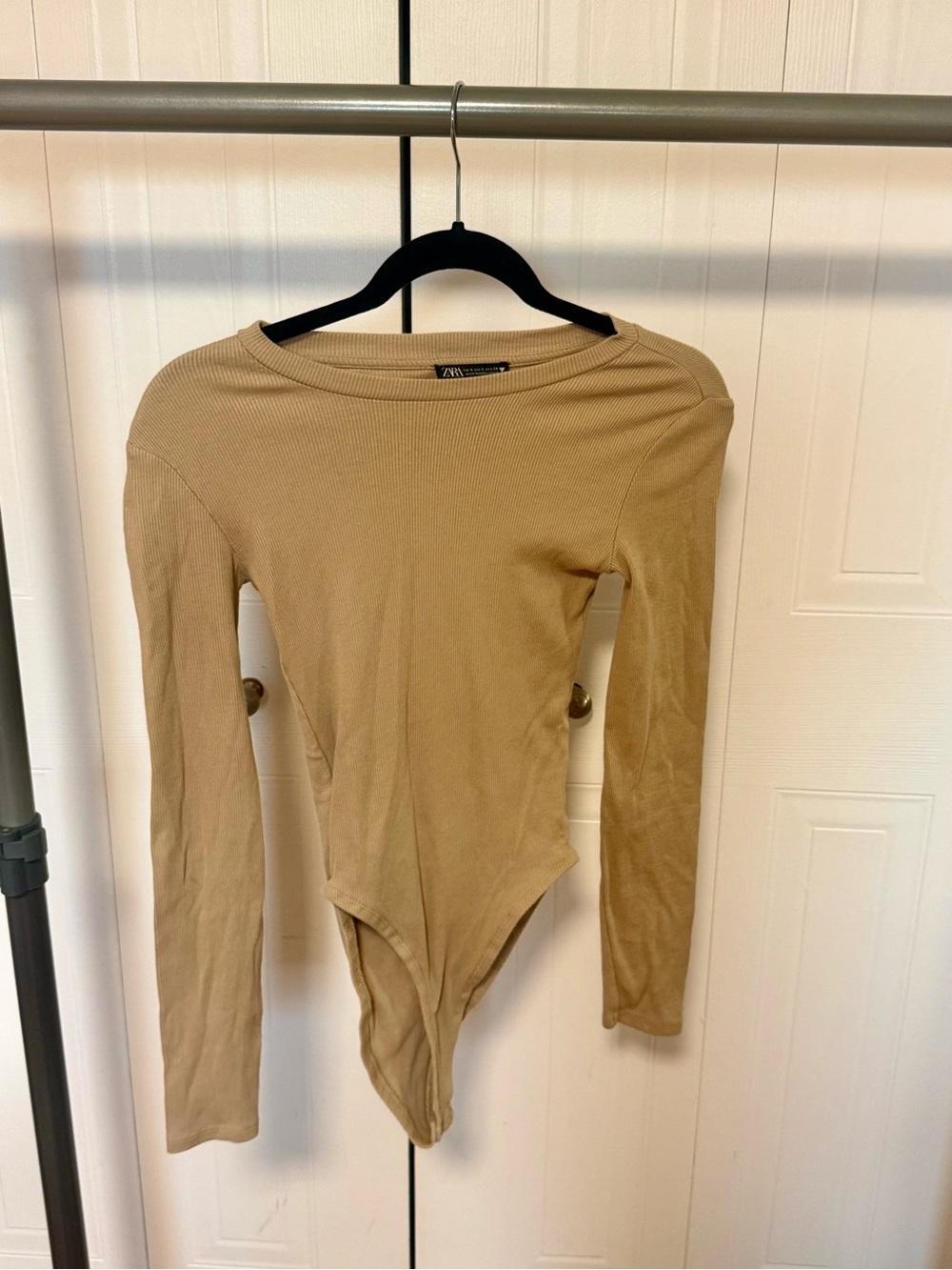 Zara Beige Ribbed Long-Sleeve Bodysuit
